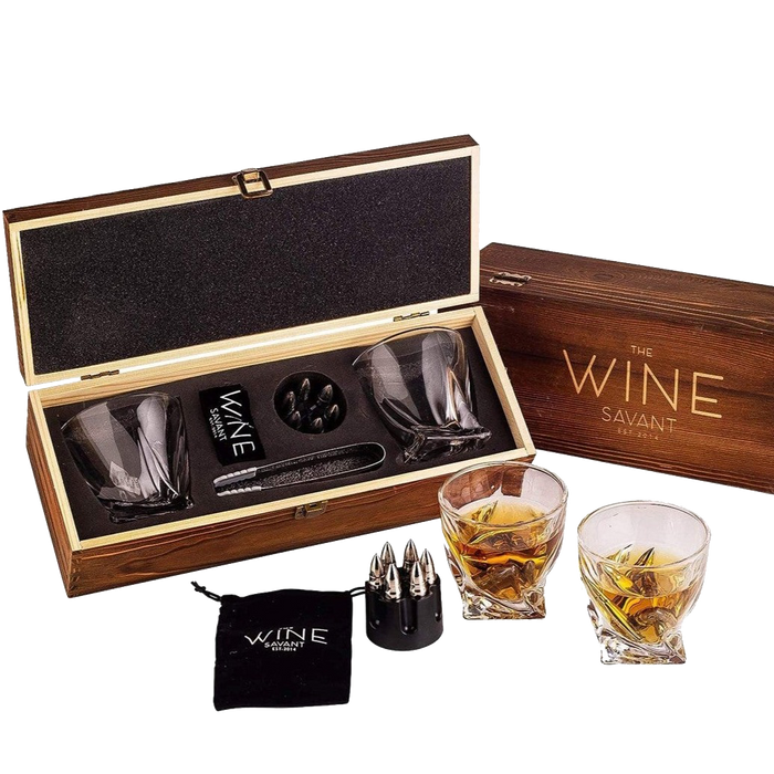 Whiskey Stones Gift Set for Men, by The Wine Savant, 6 Stainless Steel Whiskey Stones, 2 Twisted Glasses, Freezer Pouch & Special Tongs in Pinewood Box