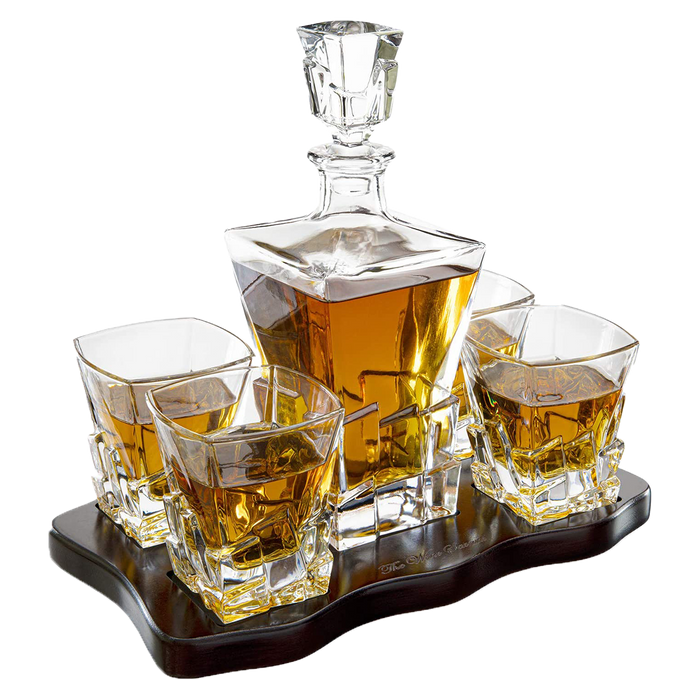 Crystal Wine and Whiskey Iceberg Mountain Glacier Decanter with 4 Glasses and Wood Tray - The Wine Savant