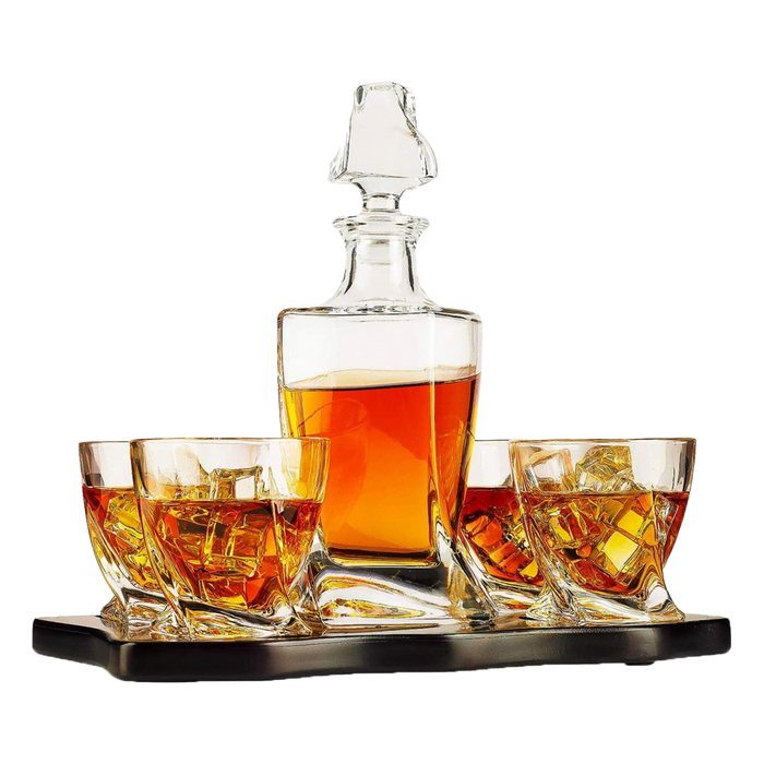 The Wine Savant Italian Crafted Crystal 5 Piece European Style Wine & Whiskey Decanter 855ml with 4 Glasses & Wood Sophisticated Tray Set Spirits, Scotch, & Bourbon Whiskey Decanter Sets for Men