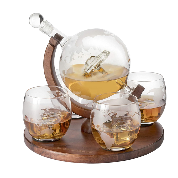 Etched World Decanter Car Whiskey Globe With 4 World Map Glasses