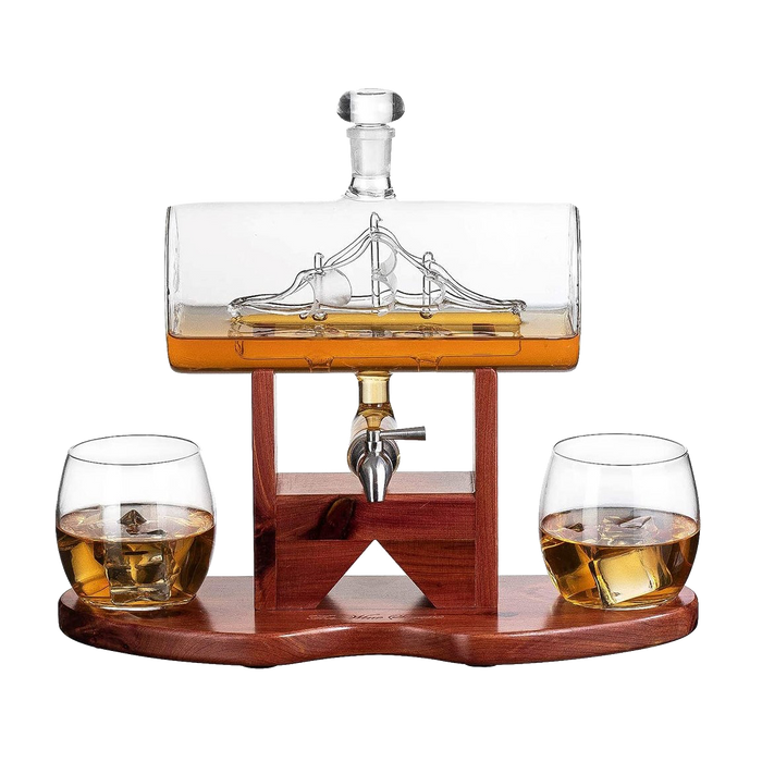 Whiskey Decanter Set, Liquor Dispenser for Home Bar, Crystal Glass - 1250ml Ship & 2 Whiskey Glasses Beautiful Stand Fathers Day, Gift for Dad, Husband or Boyfriend - The Wine Savant 100% Lead-Free
