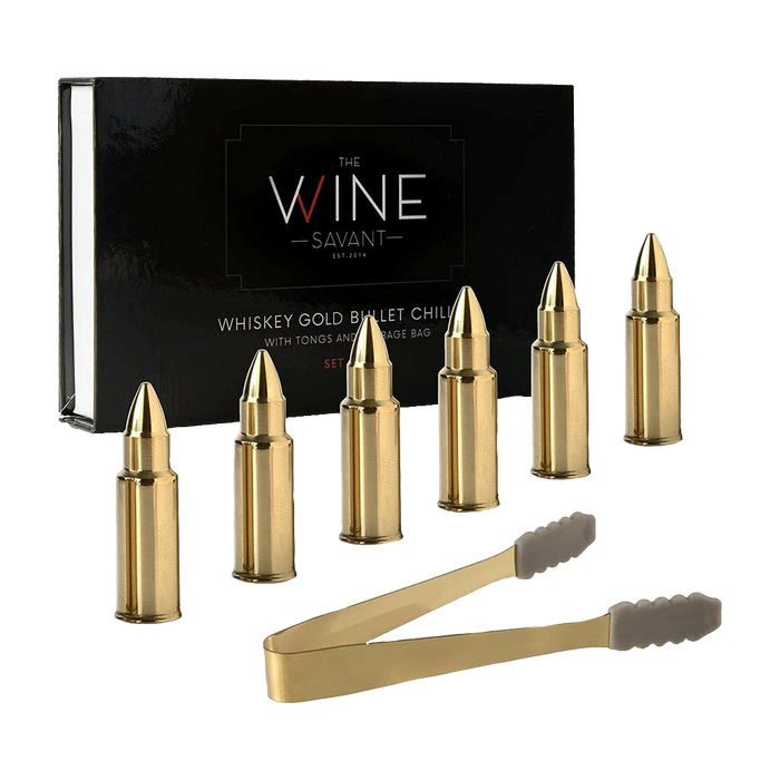 Bullet Whiskey Chillers Stones - 1.75in Whiskey Rocks by The Wine Savant Set of 6 - Stainless Steel Bullet Shaped Ice Cubes, Gift Box Come, Tongs and Storage Bag, Whiskey or Scotch Rocks (Gold)