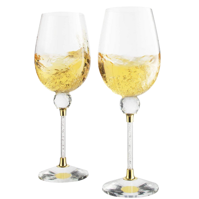 The Wine Savant Rhinestone DIAMOND Studded Wine Glasses 16 Ounces Set of 2 10-inches Tall, Gold and Laser Cut Sparkling Wine Wedding Glasses, Elegant Crystal - For Everyday, Weddings, Parties
