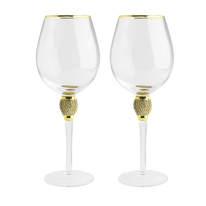 The Wine Savant Large Diamond Wine Glasses, Gold Rim Rhinestone Diamond Glasses - Wedding Glasses - 15 Ounce, Premium Designed Wine Glasses for Spirits and Wine, Gift Boxed (2, Clear)