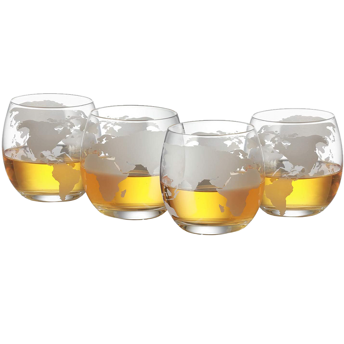 Etched World Decanter Car Whiskey Globe With 4 World Map Glasses