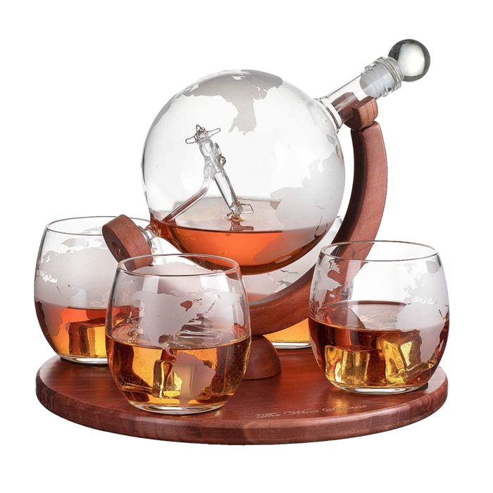 Etched World Decanter whiskey Globe - The Wine Savant Whiskey Gift Set Globe Decanter with Antique Airplane, Whiskey Stones and 4 World Map Glasses, Pilot Gift - Alcohol Related Gift, HOME BAR DECOR