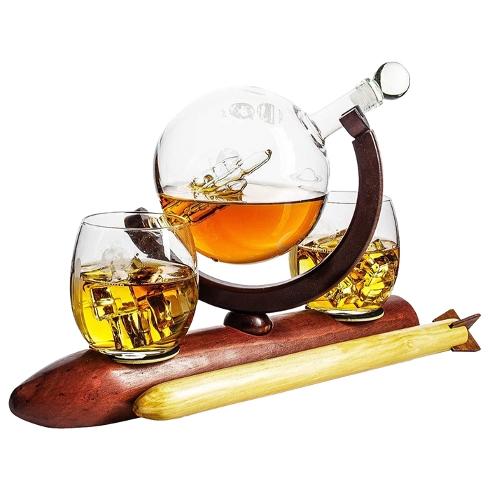 Rocket Whiskey Decanter Set, Solar System With Planets Globe Decanter