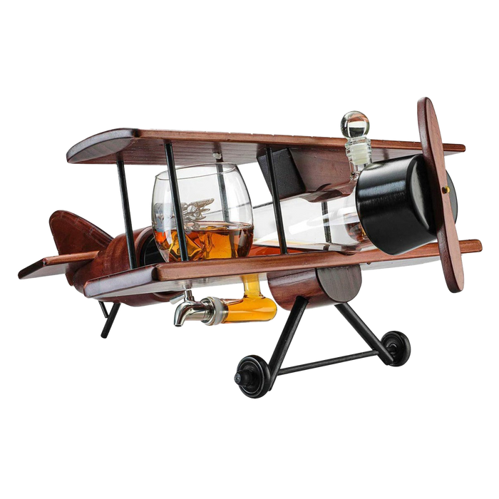 Whiskey & Wine Decanter Airplane Set and Glasses Antique Wood Airplane - The Wine Savant Whiskey Gift Set and 2 Airplane Glasses, Pilot Gift Moving Parts- Alcohol Related Gift, BAR DECOR Large 21"