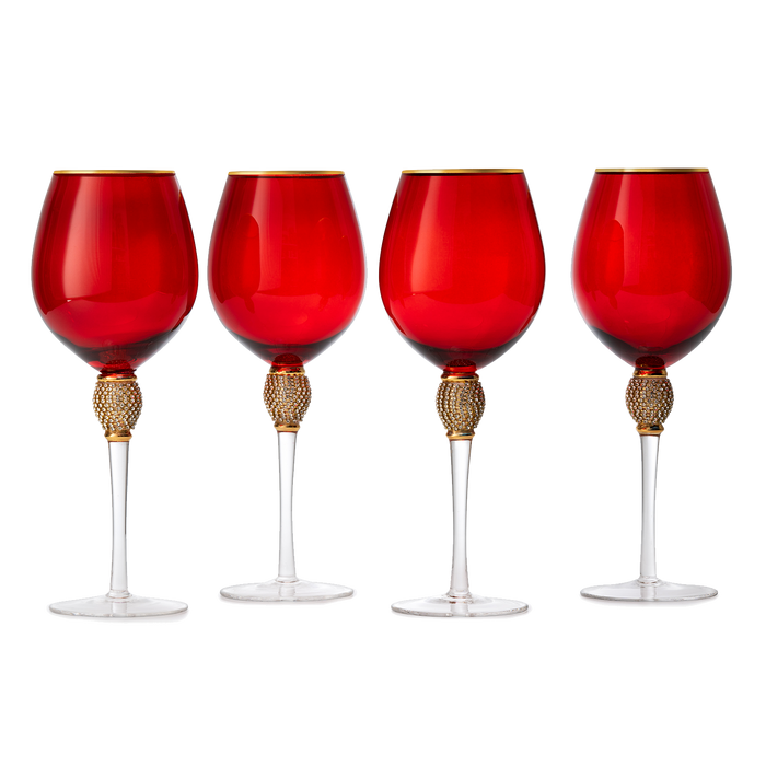 The Wine Savant Large Diamond Wine Glasses, 10" H Gold Rim Rhinestone Diamond Glasses - Wedding Glasses - 18 Ounce, Premium Designed Wine Glasses for Spirits and Wine, Gift Boxed (4, Red)