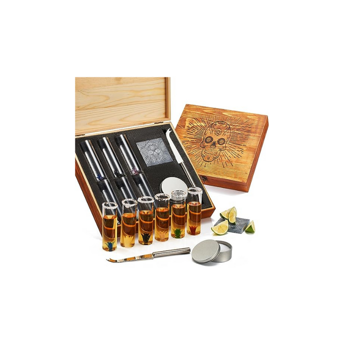Tequila Shot Glass & Salt Gift Set for Men & Women | Six Agave Shot Glasses, Knife For Limes, One Skull Coaster, One Salt Tin | Skeleton Mahogany Wood Box Package For Tequila, Liquor Lovers