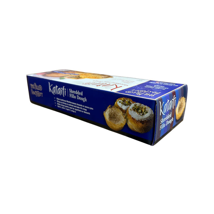 Box of The Fillo Factory Kataifi Shredded Fillo Dough, 12 x 1 lb frozen shredded dough for Mediterranean pastries and savory dishes.