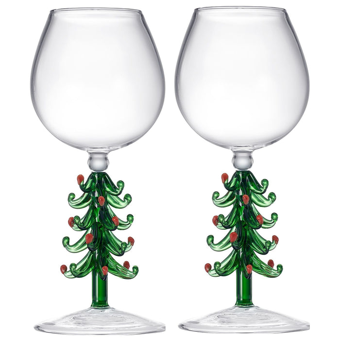 Crystal Green Christmas Tree Wine Glasses - Set of 2, 10oz Goblets for Holiday Parties and New Year's