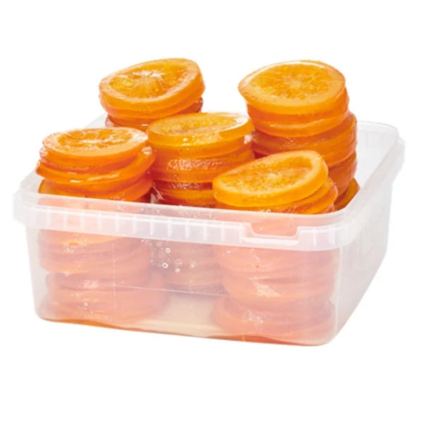 Close-up of Amifruit Candied Orange Slices in a 2.2 lb container, showcasing soft, sugar-glazed citrus slices for baking and snacking.