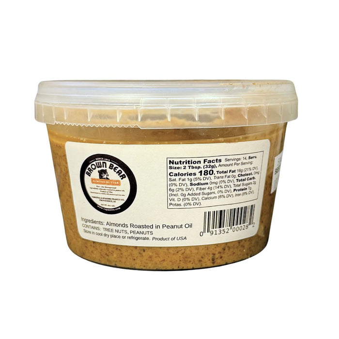 Brown Bear almond butter tub – 1 lb, roasted in peanut oil, smooth texture, made in USA