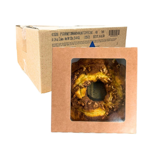 Unlabeled Bake N Joy Cinnamon Walnut Coffee Cake – 8 frozen 24oz cakes, ideal for private label use