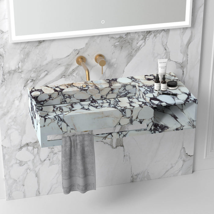 Calacatta Viola Marble Wall-mount Bathroom Sink Hidden Drain with Towel Holder and Shelf