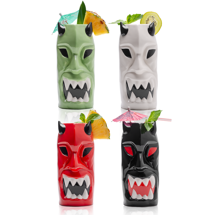 Ceramic Horned Hawaiian Tiki Mugs (Set of 4)