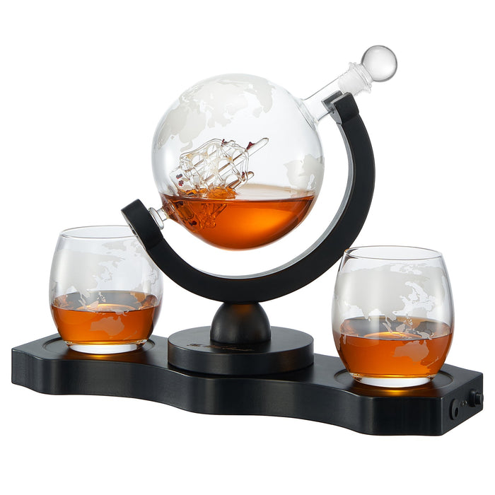 Rotating Whiskey Decanter Globe Set with 2 10OZ Etched Whiskey Glasses | 29 OZ | Moving Interactive World Globe, Gifts for Men Dad, Anniversary for Liquor Scotch Bourbon - Batteries NOT Included