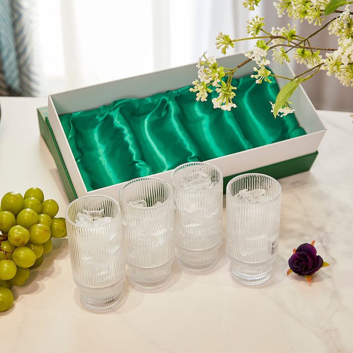 Vintage Art Deco Crystal Highball Ribbed Glass Set of 4 - Ripple, Collins Glassware 14oz Classic Crystal Cocktail Glasses Perfect for Water, Champagne, Beer, Juice, Tom Cocktails - Barware Tumblers