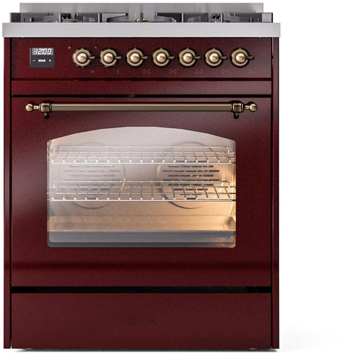 ILVE Nostalgie II 30" Dual Fuel Liquid Propane Range, Burgundy, Bronze Trim UP30NMPBUBLP