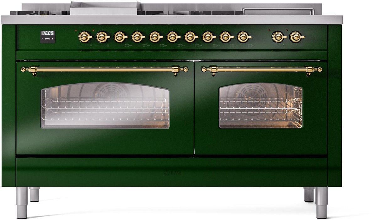 ILVE Nostalgie II 60" Dual Fuel Liquid Propane Range, Emerald Green, Brass Trim UP60FSNMPEGGLP