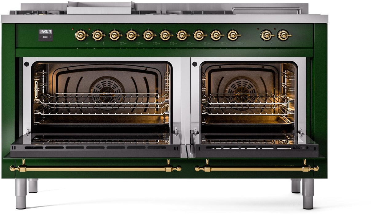 ILVE Nostalgie II 60" Dual Fuel Liquid Propane Range, Emerald Green, Brass Trim UP60FSNMPEGGLP