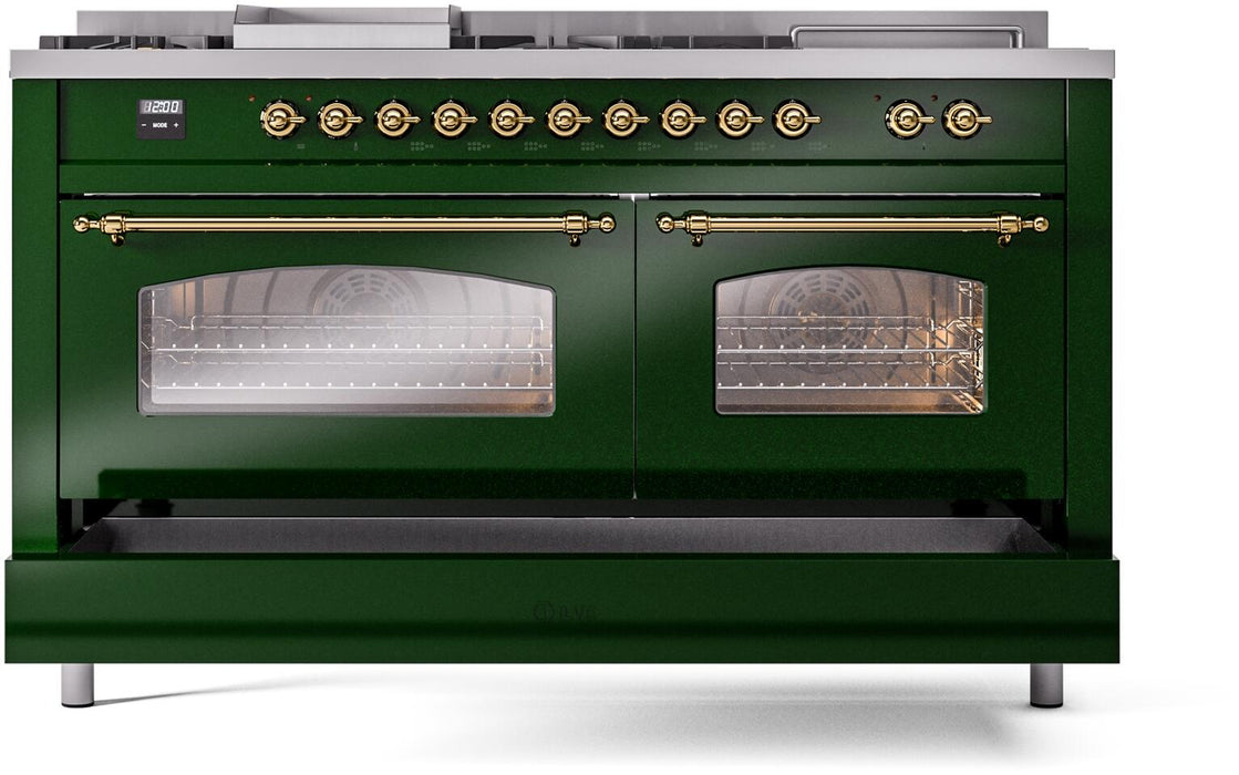 ILVE Nostalgie II 60" Dual Fuel Liquid Propane Range, Emerald Green, Brass Trim UP60FSNMPEGGLP