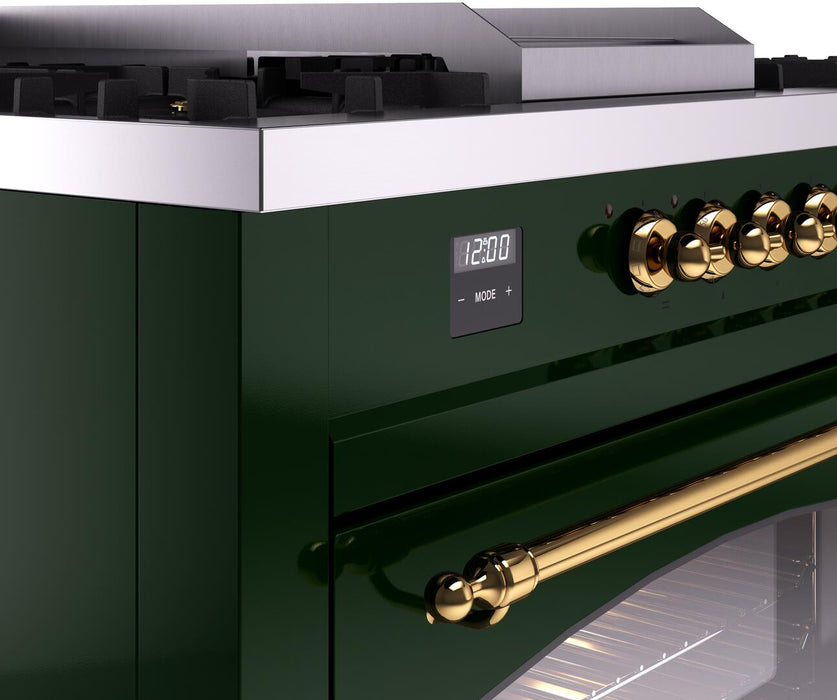 ILVE Nostalgie II 60" Dual Fuel Liquid Propane Range, Emerald Green, Brass Trim UP60FSNMPEGGLP