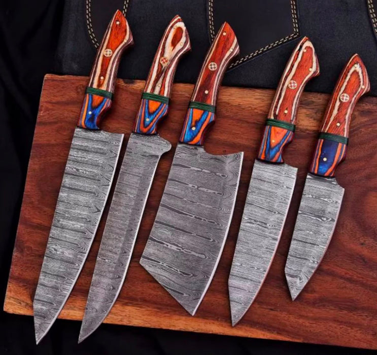 Crimson Vortex Chef Knife Set with 5 Forged Damascus Blades