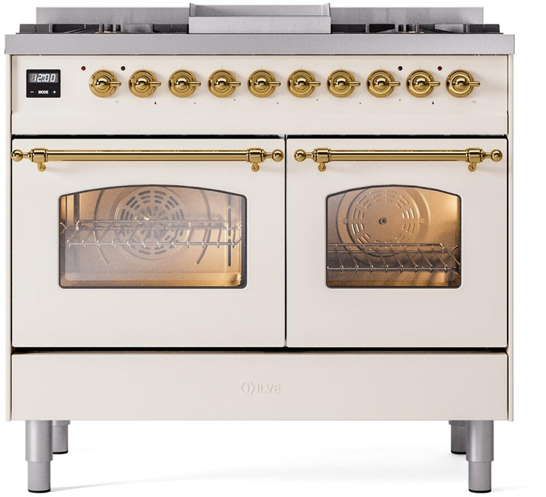 ILVE Nostalgie II 40" Dual Fuel Liquid Propane Range, Antique White, Brass Trim UPD40FNMPAWGLP