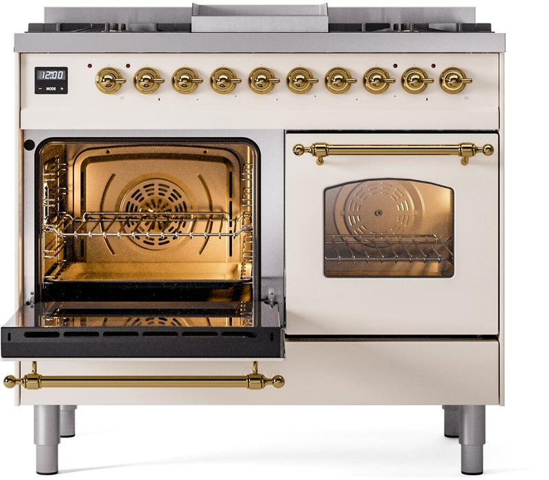 ILVE Nostalgie II 40" Dual Fuel Liquid Propane Range, Antique White, Brass Trim UPD40FNMPAWGLP
