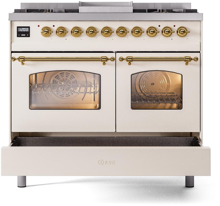 ILVE Nostalgie II 40" Dual Fuel Liquid Propane Range, Antique White, Brass Trim UPD40FNMPAWGLP
