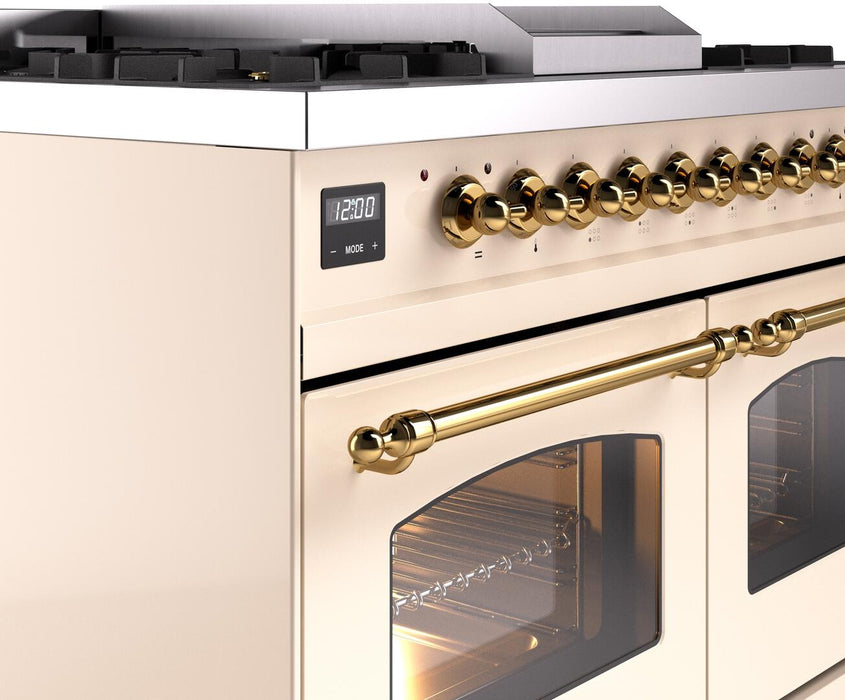 ILVE Nostalgie II 40" Dual Fuel Liquid Propane Range, Antique White, Brass Trim UPD40FNMPAWGLP