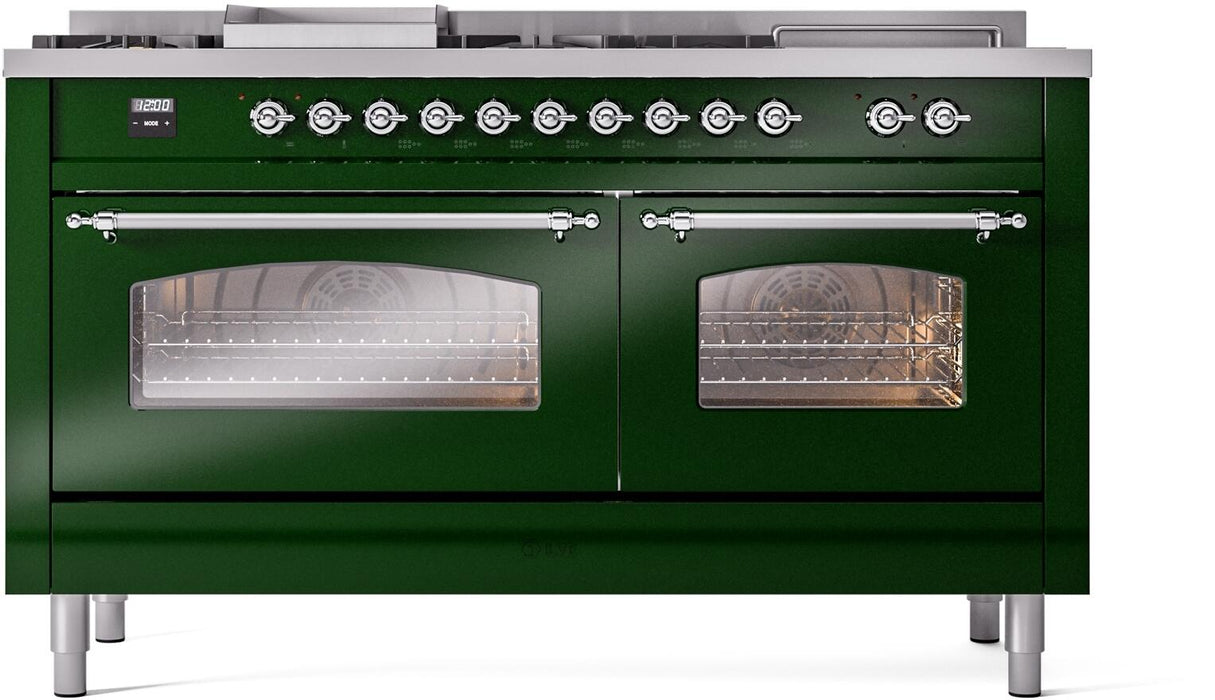 ILVE Nostalgie II 60" Dual Fuel Liquid Propane Range, Emerald Green, Chrome Trim UP60FSNMPEGCLP