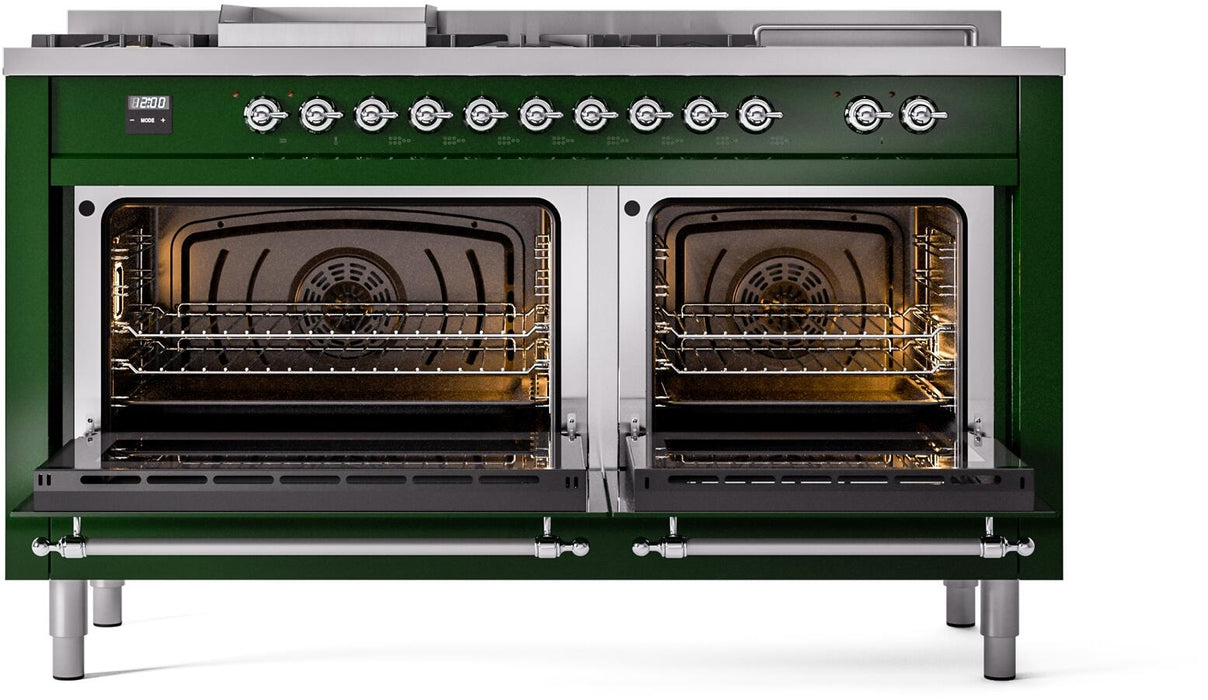 ILVE Nostalgie II 60" Dual Fuel Liquid Propane Range, Emerald Green, Chrome Trim UP60FSNMPEGCLP