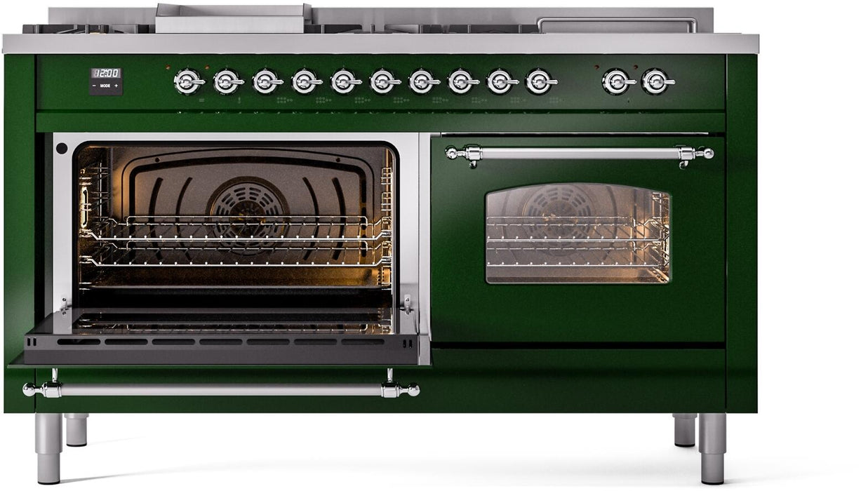 ILVE Nostalgie II 60" Dual Fuel Natural Gas Range, Emerald Green, Chrome Trim UP60FSNMPEGC