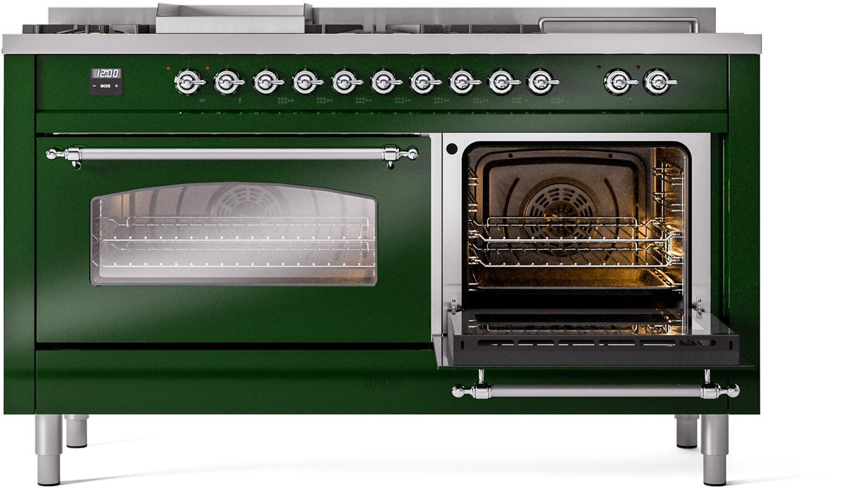 ILVE Nostalgie II 60" Dual Fuel Natural Gas Range, Emerald Green, Chrome Trim UP60FSNMPEGC