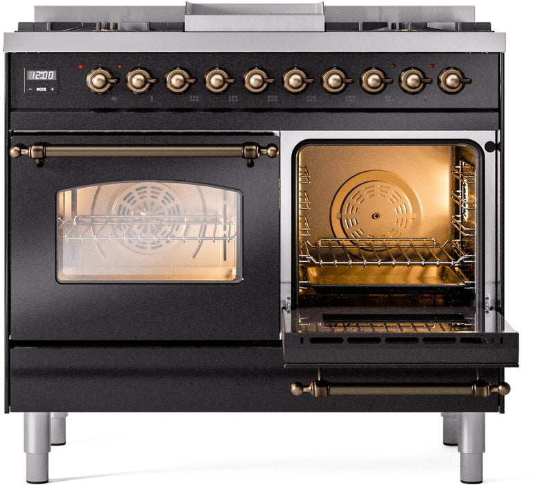 ILVE Nostalgie II 40" Dual Fuel Liquid Propane Range, Glossy Black, Bronze Trim UPD40FNMPBKBLP