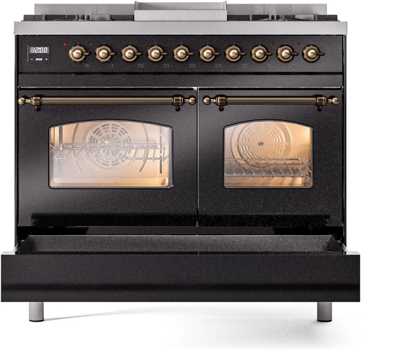 ILVE Nostalgie II 40" Dual Fuel Liquid Propane Range, Glossy Black, Bronze Trim UPD40FNMPBKBLP