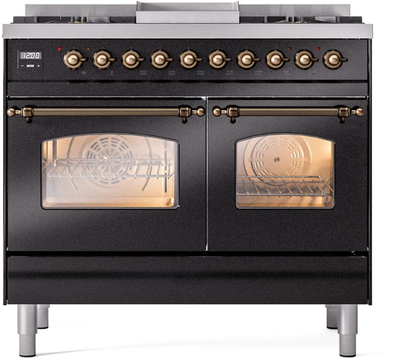 ILVE Nostalgie II 40" Dual Fuel Liquid Propane Range, Glossy Black, Bronze Trim UPD40FNMPBKBLP