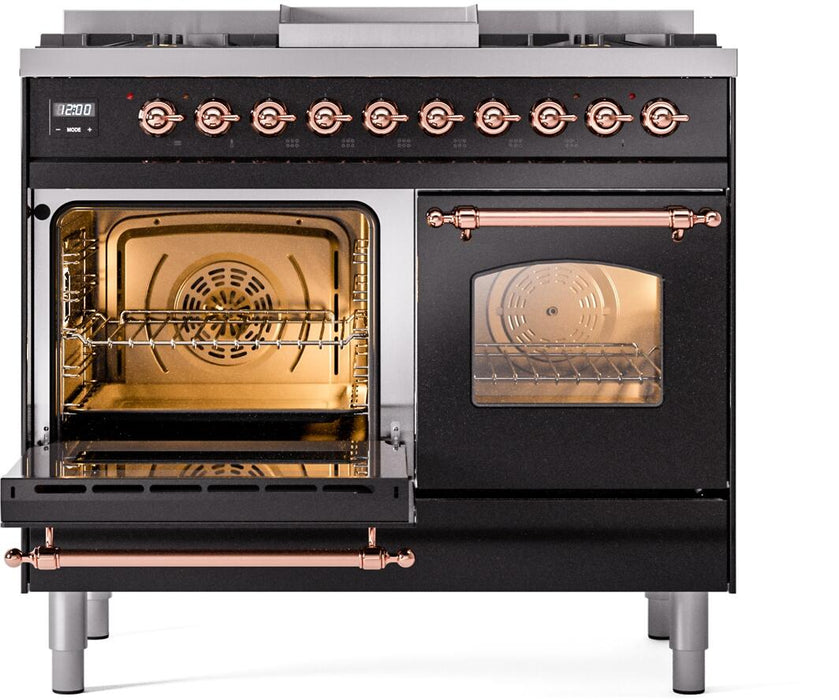 ILVE Nostalgie II 40" Dual Fuel Liquid Propane Range, Glossy Black, Copper Trim UPD40FNMPBKPLP