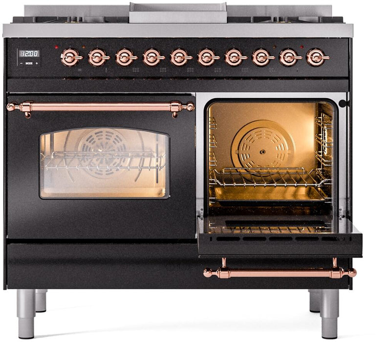 ILVE Nostalgie II 40" Dual Fuel Liquid Propane Range, Glossy Black, Copper Trim UPD40FNMPBKPLP