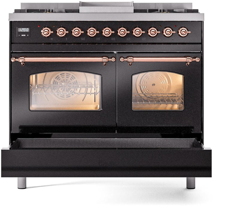 ILVE Nostalgie II 40" Dual Fuel Liquid Propane Range, Glossy Black, Copper Trim UPD40FNMPBKPLP
