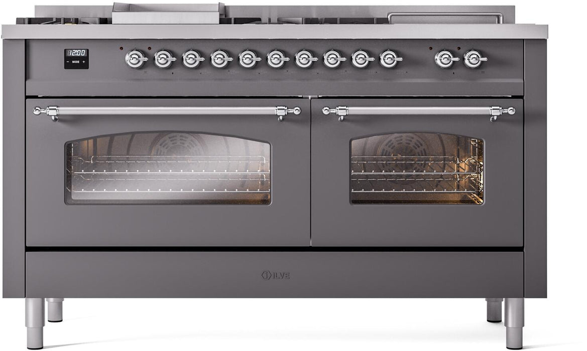 ILVE Nostalgie II 60" Dual Fuel Natural Gas Range, Matte Graphite, Chrome Trim UP60FSNMPMGC