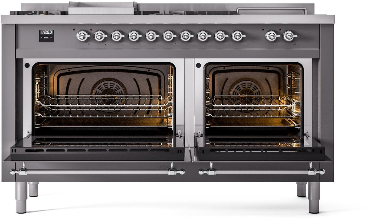 ILVE Nostalgie II 60" Dual Fuel Natural Gas Range, Matte Graphite, Chrome Trim UP60FSNMPMGC