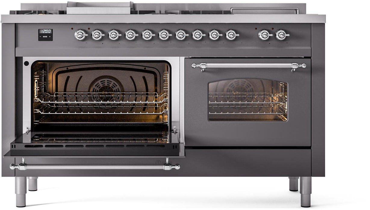 ILVE Nostalgie II 60" Dual Fuel Natural Gas Range, Matte Graphite, Chrome Trim UP60FSNMPMGC