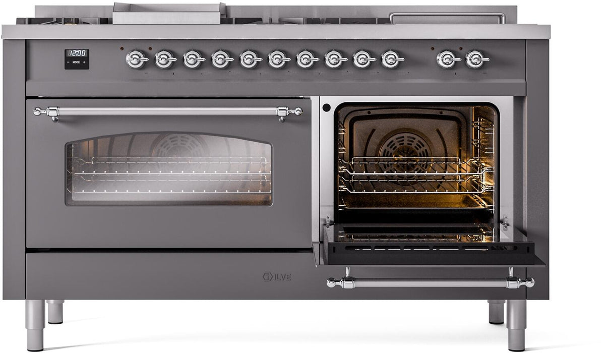 ILVE Nostalgie II 60" Dual Fuel Natural Gas Range, Matte Graphite, Chrome Trim UP60FSNMPMGC