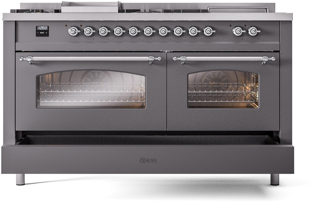ILVE Nostalgie II 60" Dual Fuel Natural Gas Range, Matte Graphite, Chrome Trim UP60FSNMPMGC