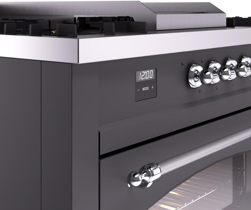 ILVE Nostalgie II 60" Dual Fuel Natural Gas Range, Matte Graphite, Chrome Trim UP60FSNMPMGC