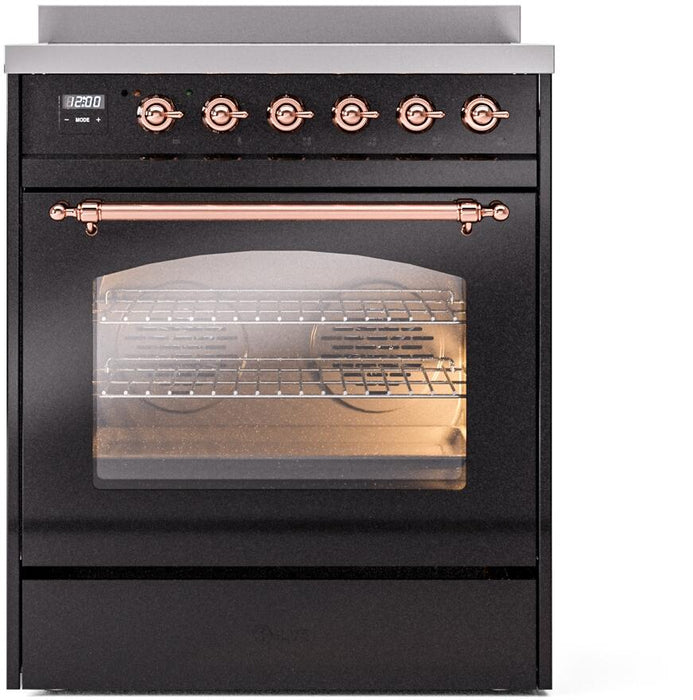ILVE Nostalgie II 30" Electric Range, Glossy Black, Copper Trim UPI304NMPBKP